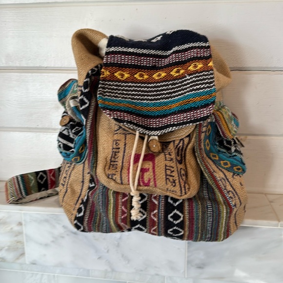 Rice Love Recycled Burlap Multicolor Boho Print Rice Bag Travel Backpack - Picture 5 of 15